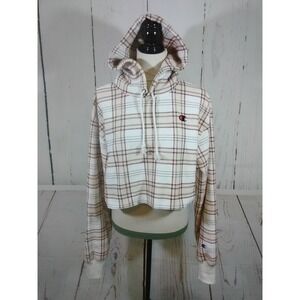 Vintage Champion Reverse Weave Hoodie Womens M Plaid Cropped Oversized Boxy Y2K